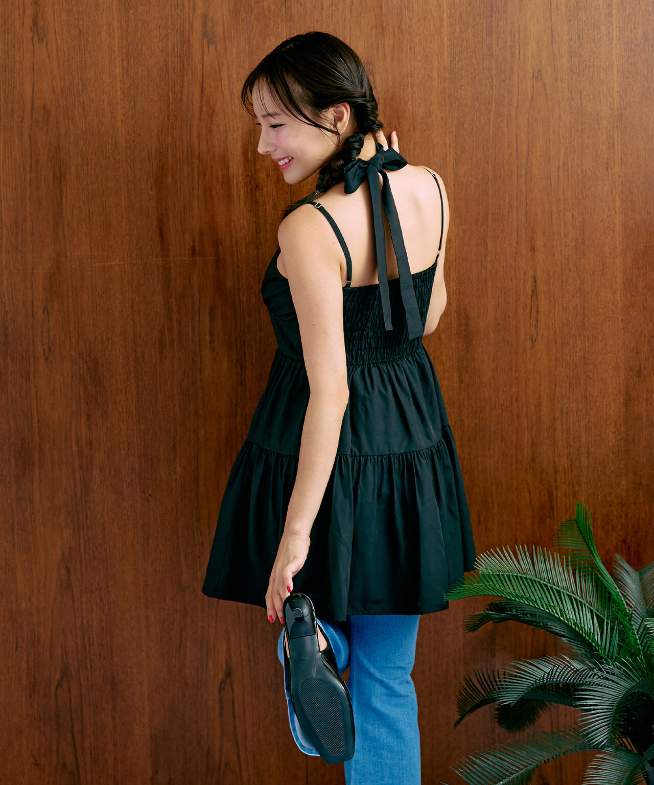 Tie-Front Gathered One-Piece Dress [Korean Fashion],Black, large image number 3