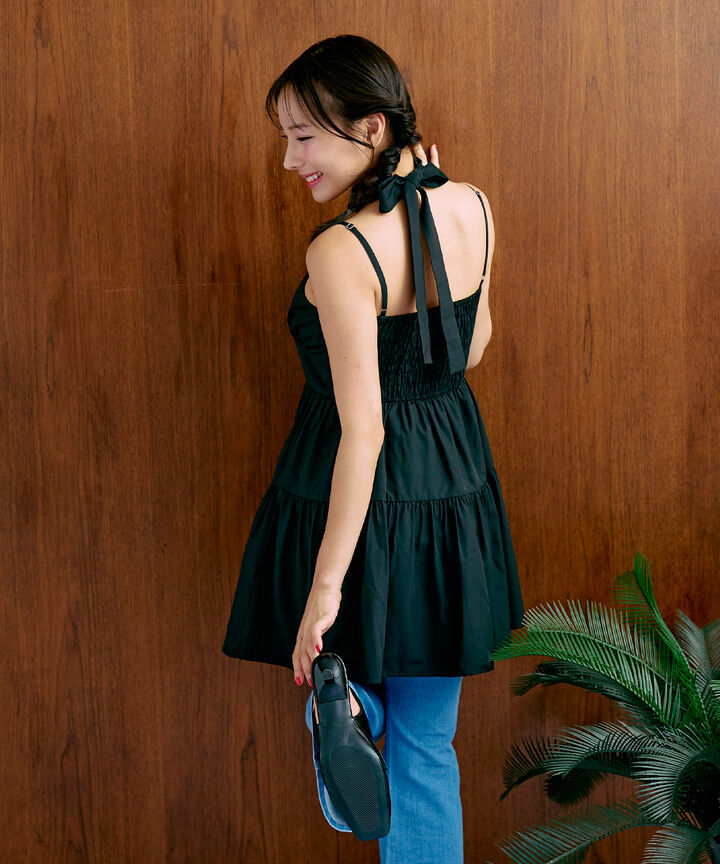 Tie-Front Gathered One-Piece Dress [Korean Fashion],Black, medium image number 3