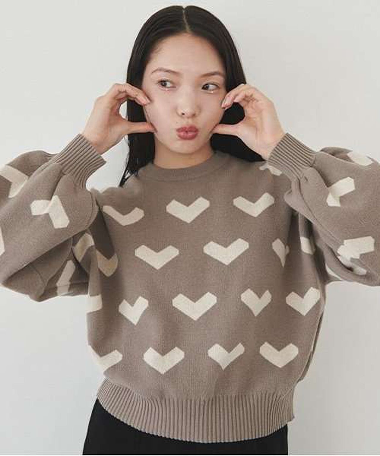 Heart Pattern Knit Pullover,Greige, large image number 7