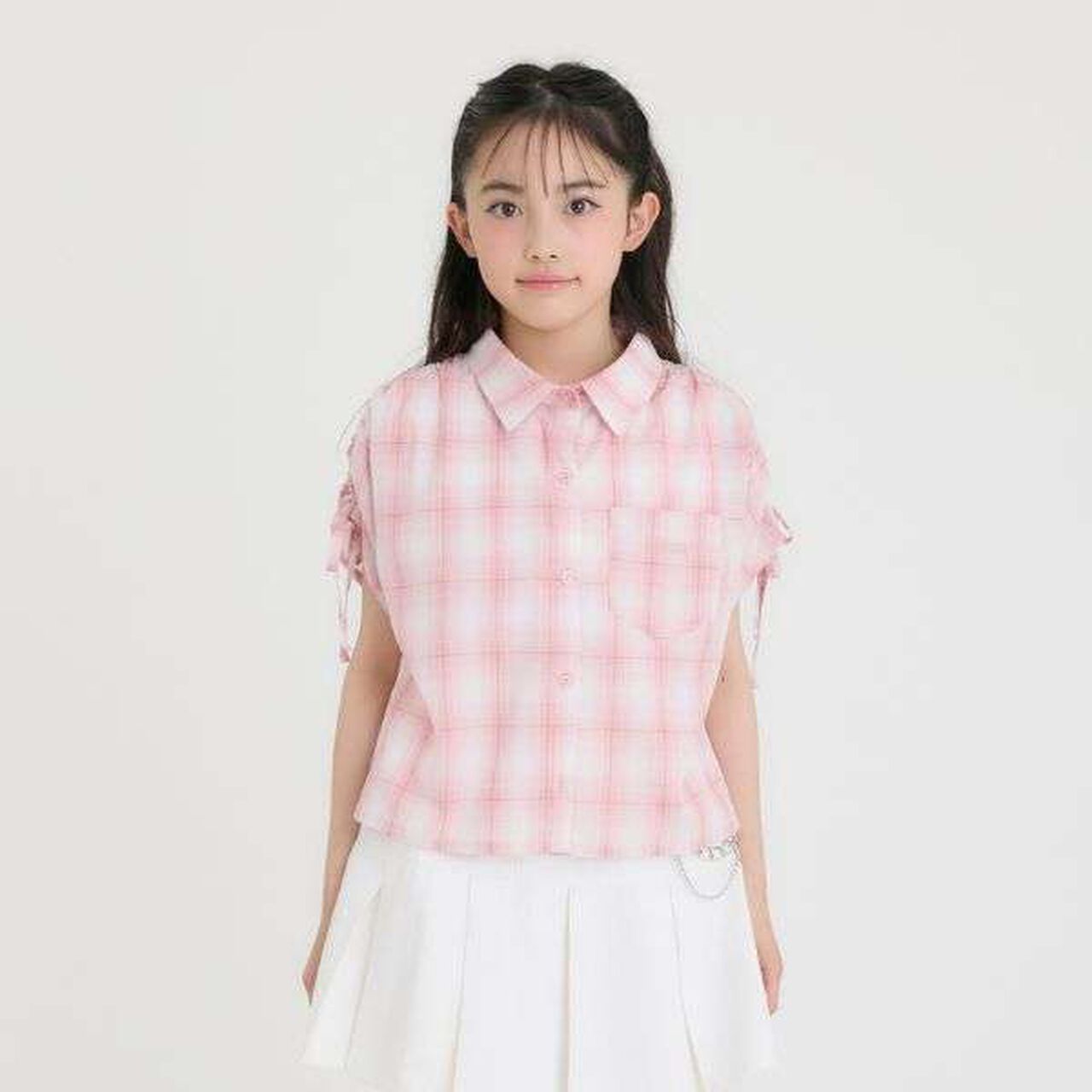 [3WAY] Checkered Shirt with Sleeve Drawstring + Tank Top Set,Black, large image number 22