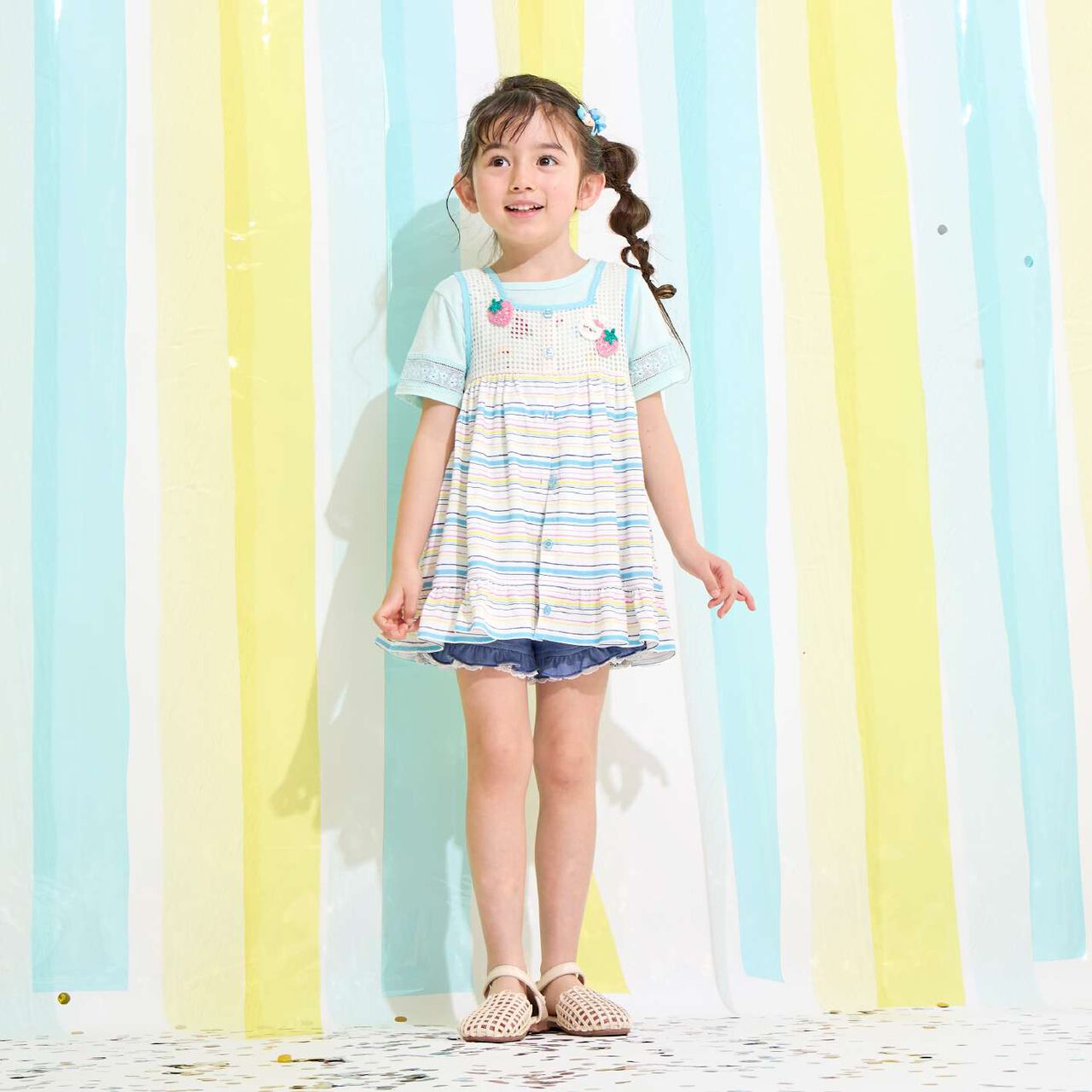 Mesh & Stripe Pattern Vest with Mimi-chan Knit Motif,Blue, large image number 7