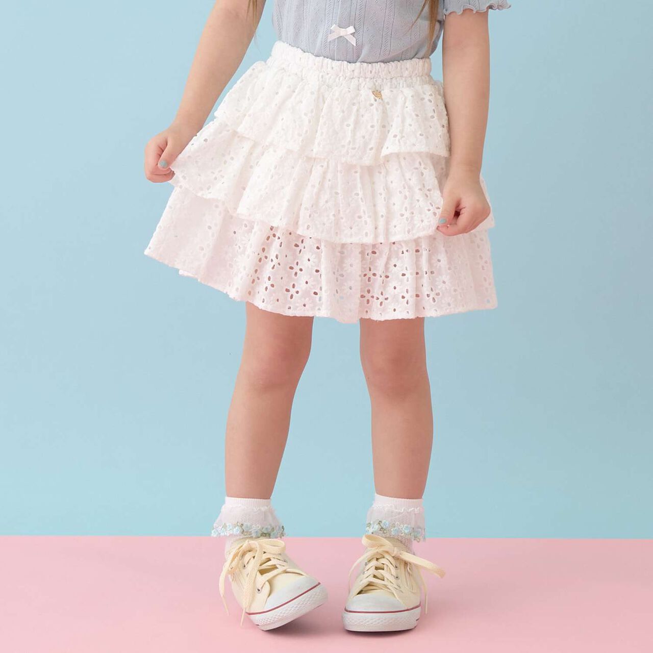 [100% Cotton] Cotton Lace Tiered Skirt with Inner Shorts [Kids Girls],Pearl white, large image number 0