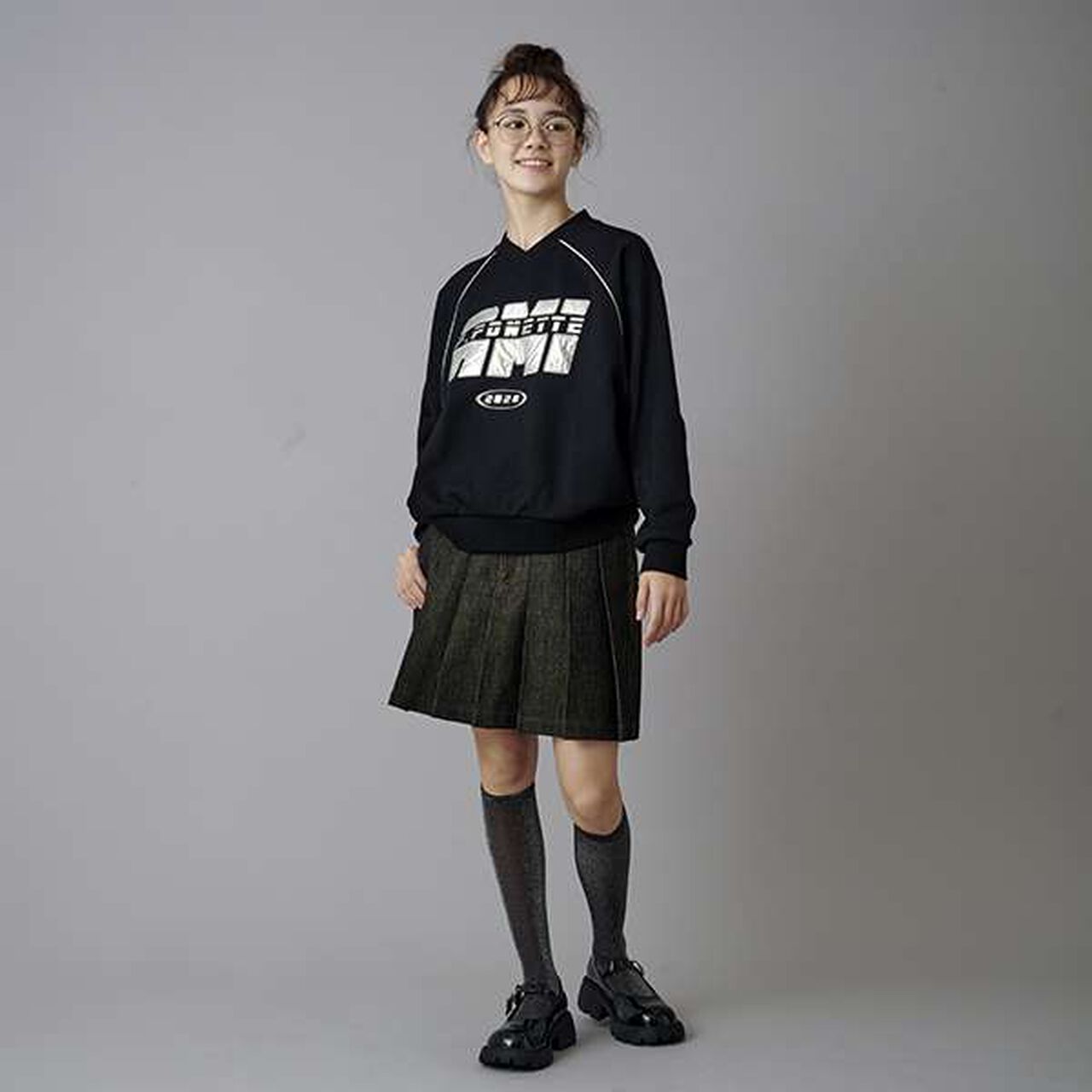 [AMI] Embroidered Glitter Denim Skirt with Shorts,Black, large image number 10