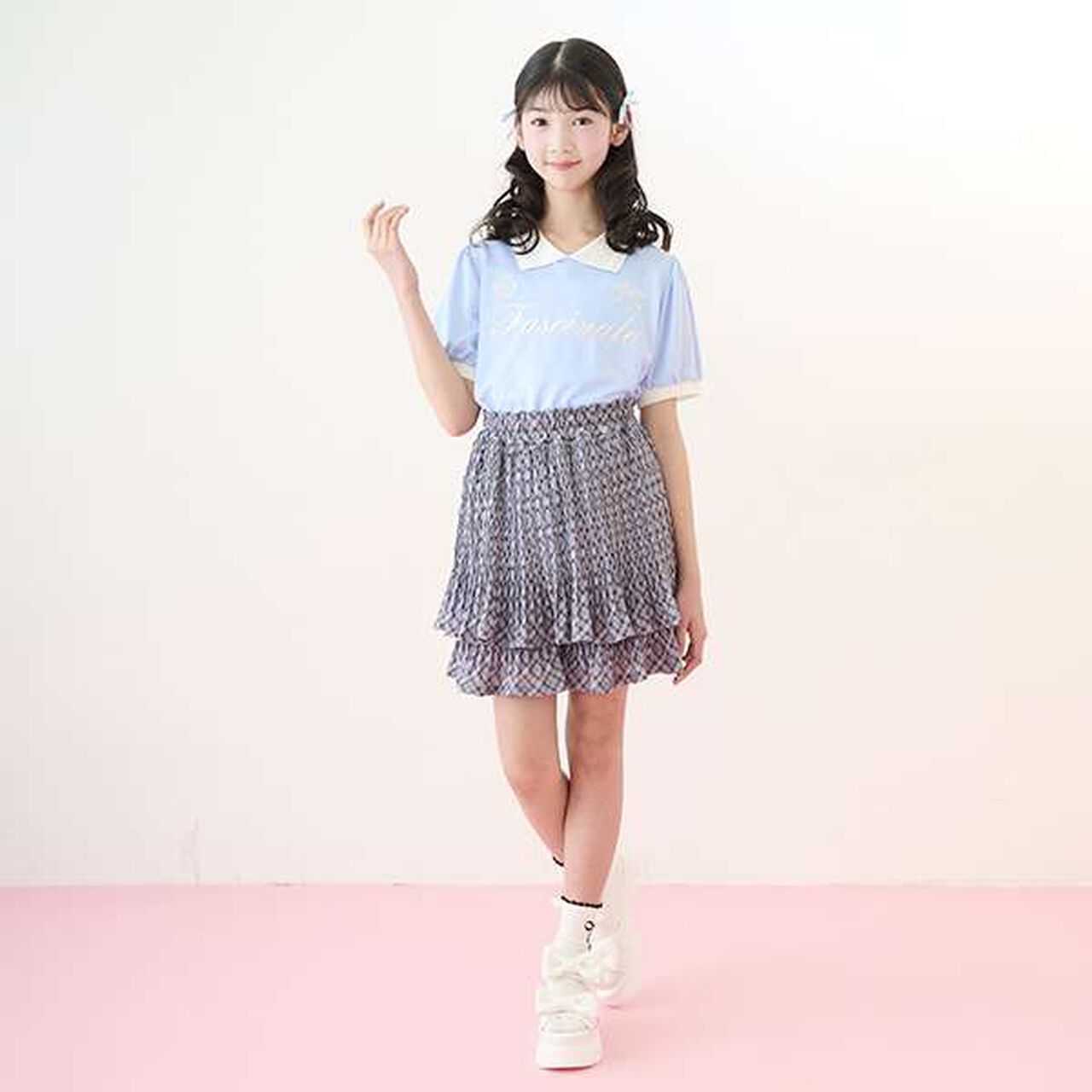 Sheer Check Random Pleated Skirt-Pants,Light gray, large image number 0