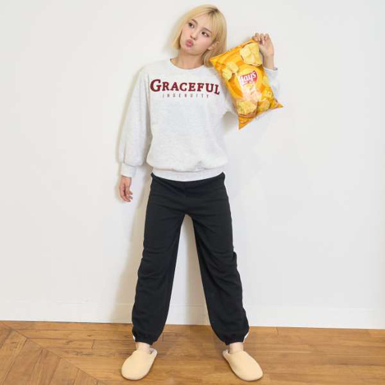 Brushed Fabric Logo Long-Sleeve Top & Pants Set [Loungewear/Pajamas],Pink, large image number 1