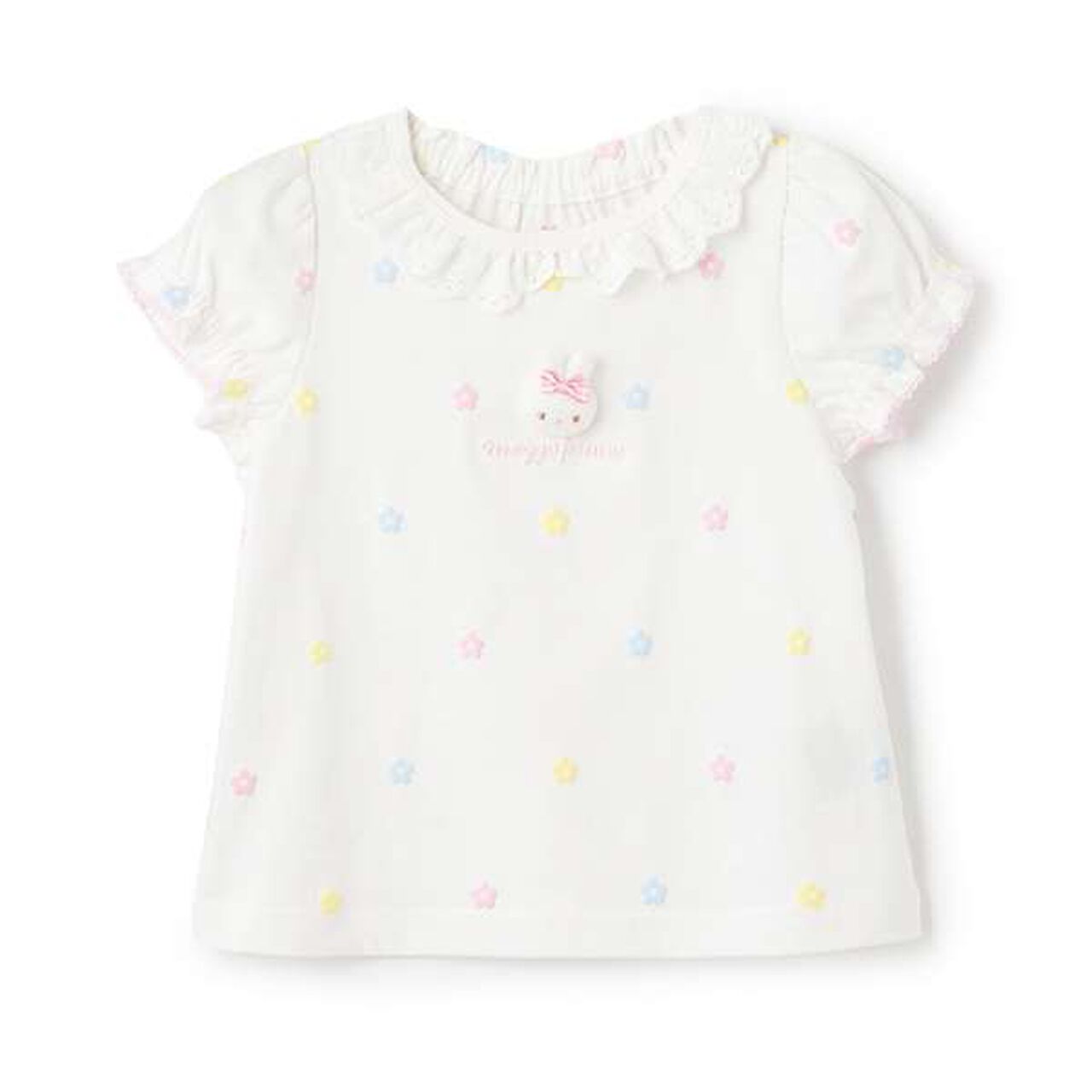 Floral Pattern Short Sleeve T-Shirt with Rabbit Mascot,Off white, large image number 0