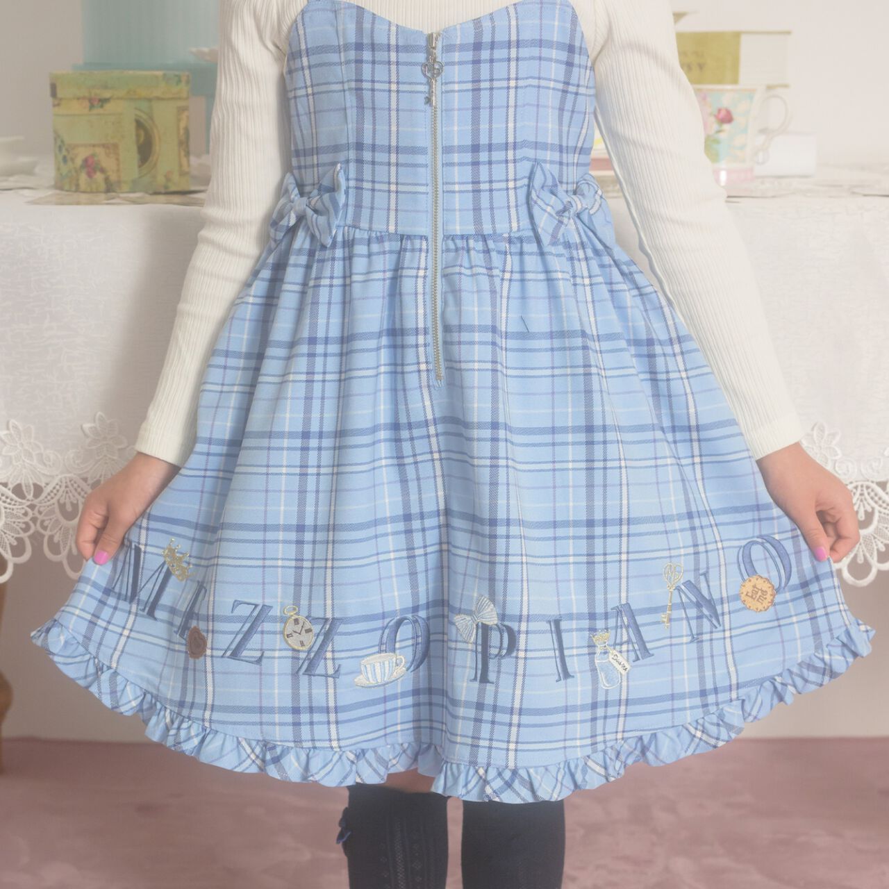 Logo Embroidered Camisole Dress & Long-Sleeve T-Shirt Set,Blue, large image number 2