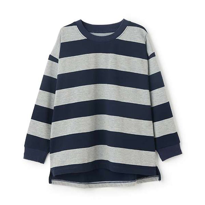 [365D.] Wide Stripe Pattern Long Sleeve T-Shirt with Ribbed Sleeves,Blue, medium image number 14
