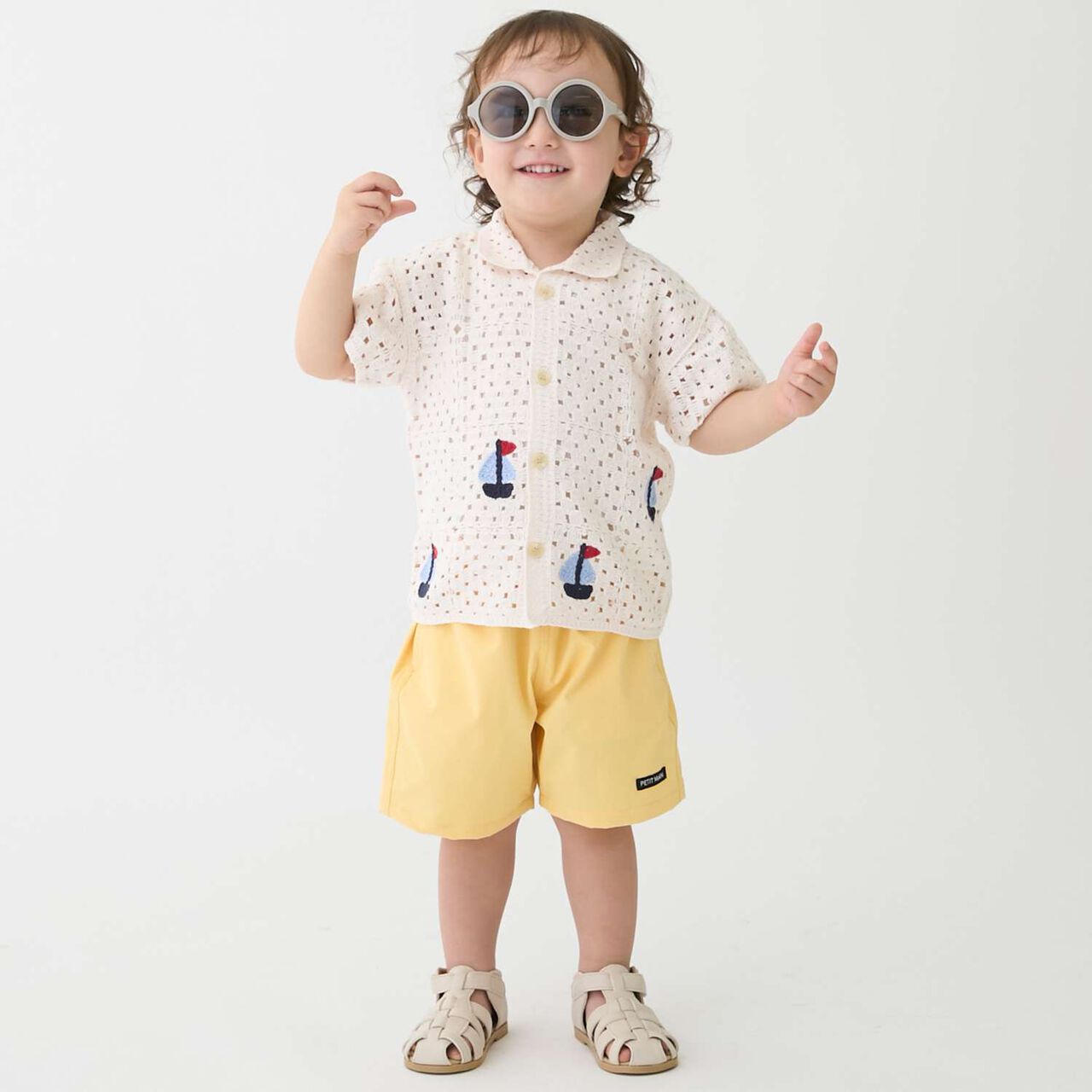 Black Crochet Open-Collar Shirt,Pearl white, large image number 2