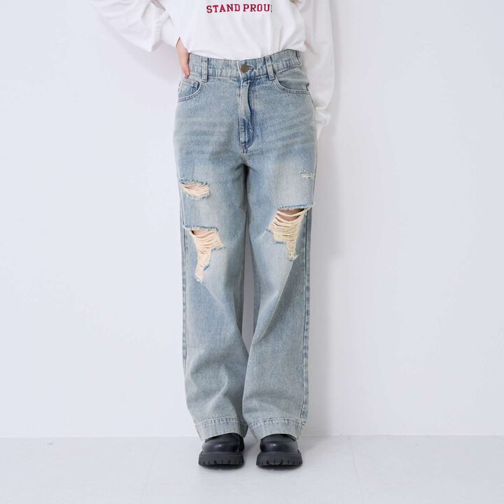 [LTXC] Distressed Denim Wide Pants,Sax blue, medium image number 3