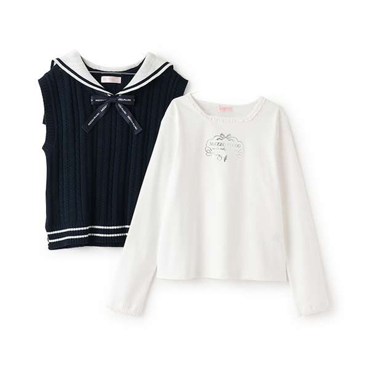 Sailor Collar Knit Vest & Long-Sleeve Tee Set,Off white, large image number 5