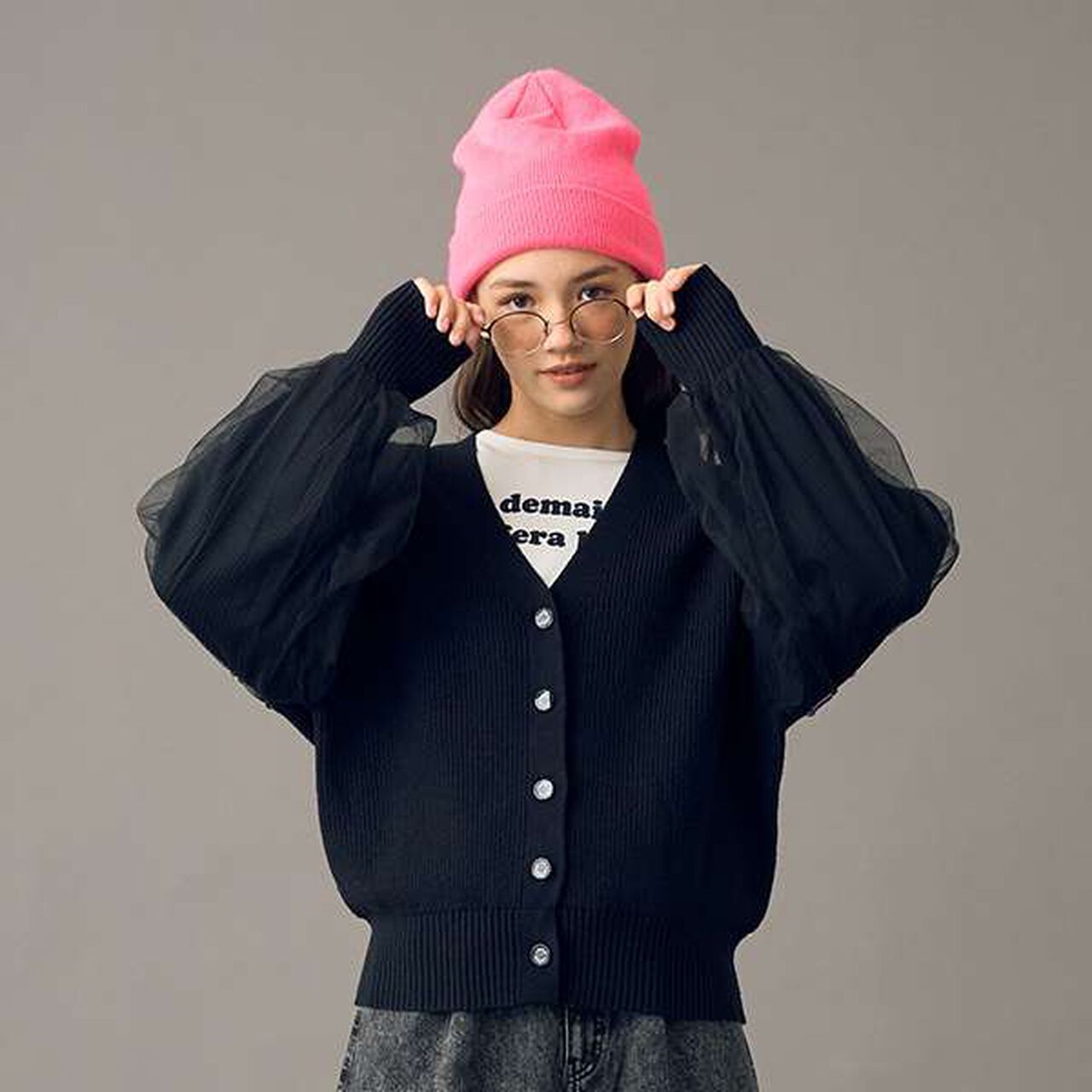 [AMI] Overlay Tulle Sleeve V-Neck Cardigan,Ivory, large image number 4