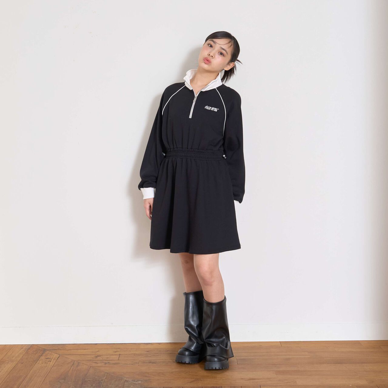 Long-Sleeve Track One-Piece Dress,Black, large image number 16