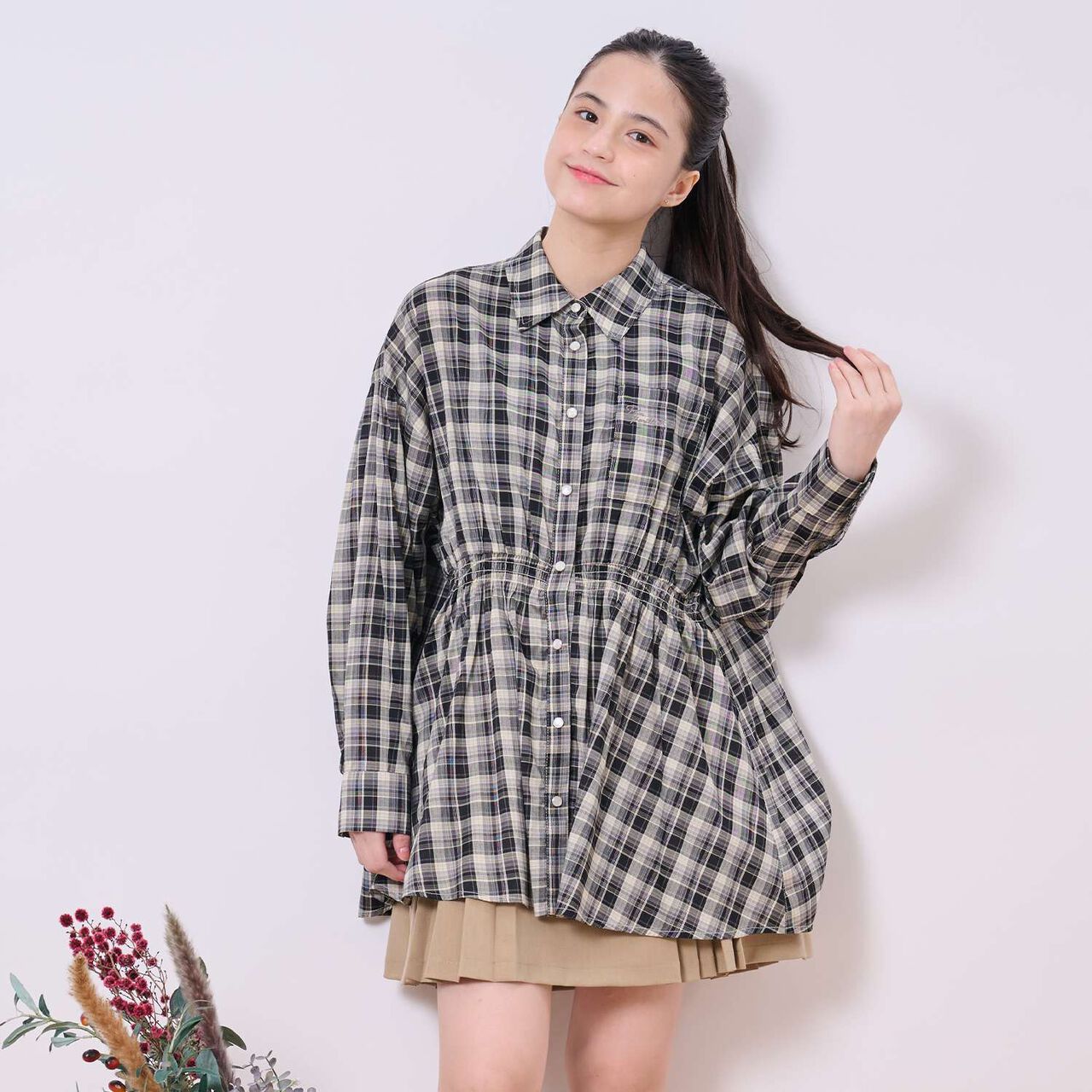 Front Peplum Checkered Shirt,Black, large image number 0