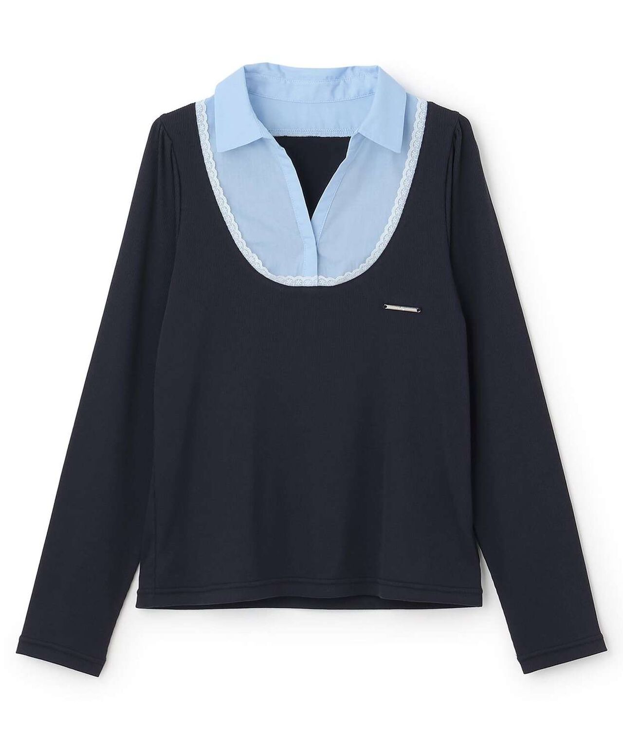 Shirt Layered Cut Pullover [Korean Fashion],Navy, large image number 4