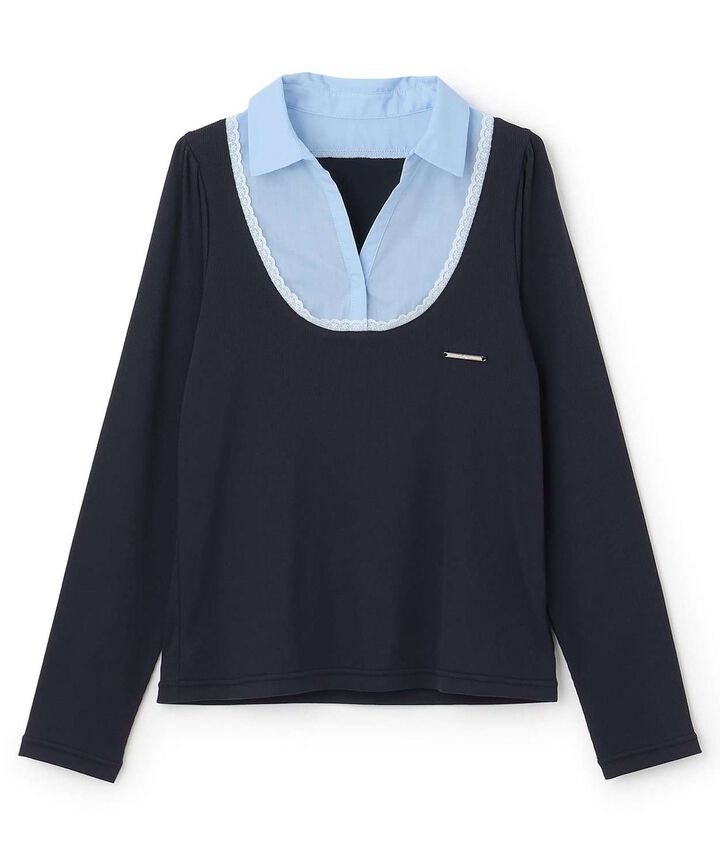 Shirt Layered Cut Pullover [Korean Fashion],Navy, medium image number 4
