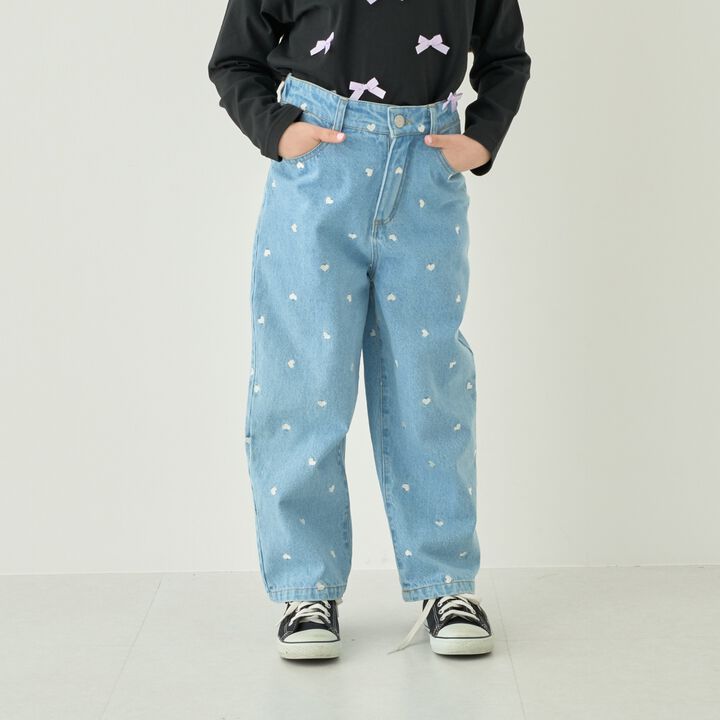 [Soft Denim] Heart Embroidered All-Over Pattern Barrel-Leg Pants for Girls [Kids],Blue, medium image number 3