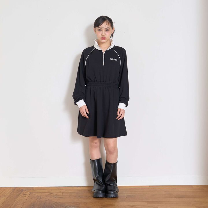 Long-Sleeve Track One-Piece Dress,Black, medium image number 0