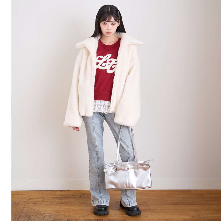 Double Zipper Faux Fur Bomber Jacket,Off white, medium image number 1