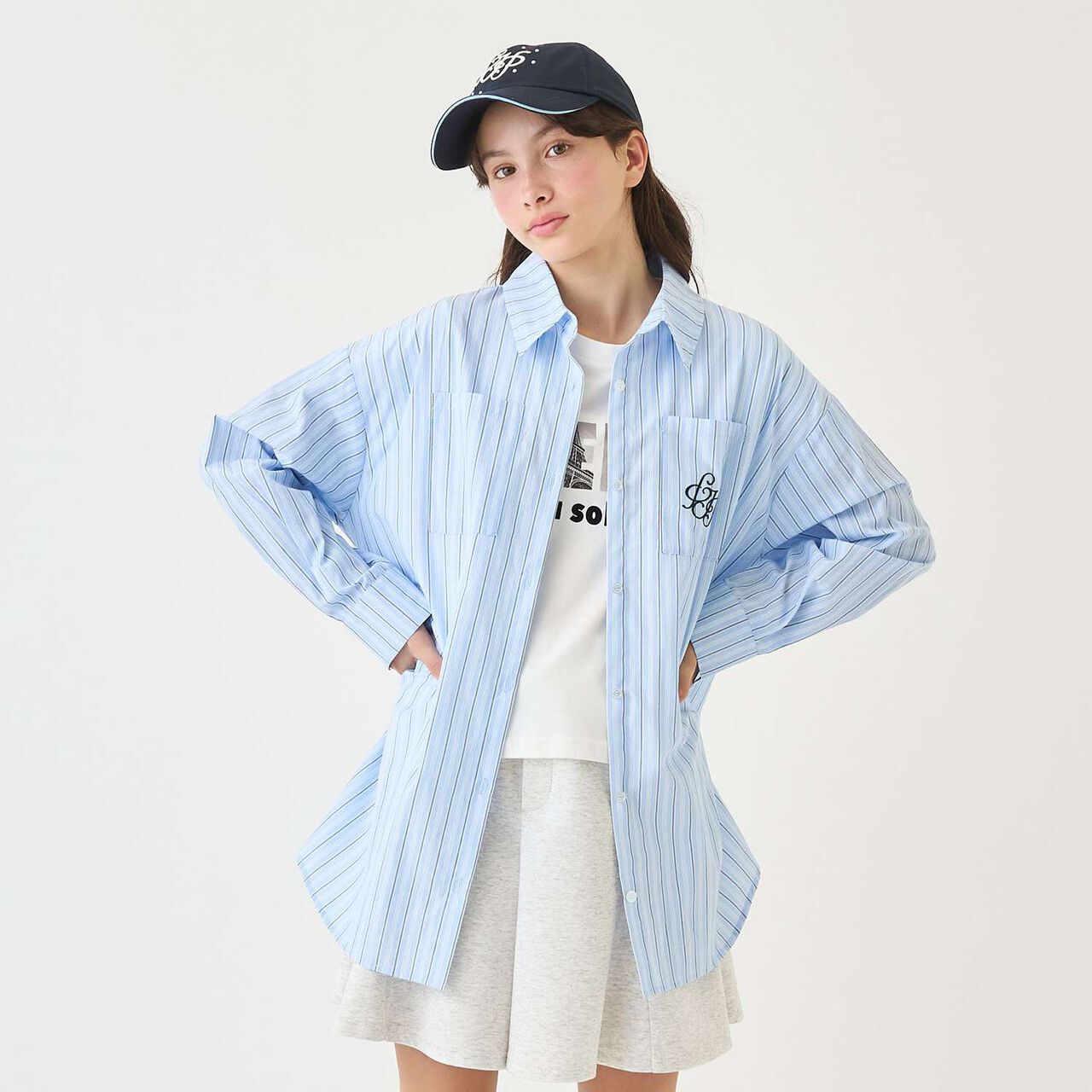 [130cm Available] Long-Sleeve Shirt & Photo Logo T-Shirt Set,Sax blue, large image number 0
