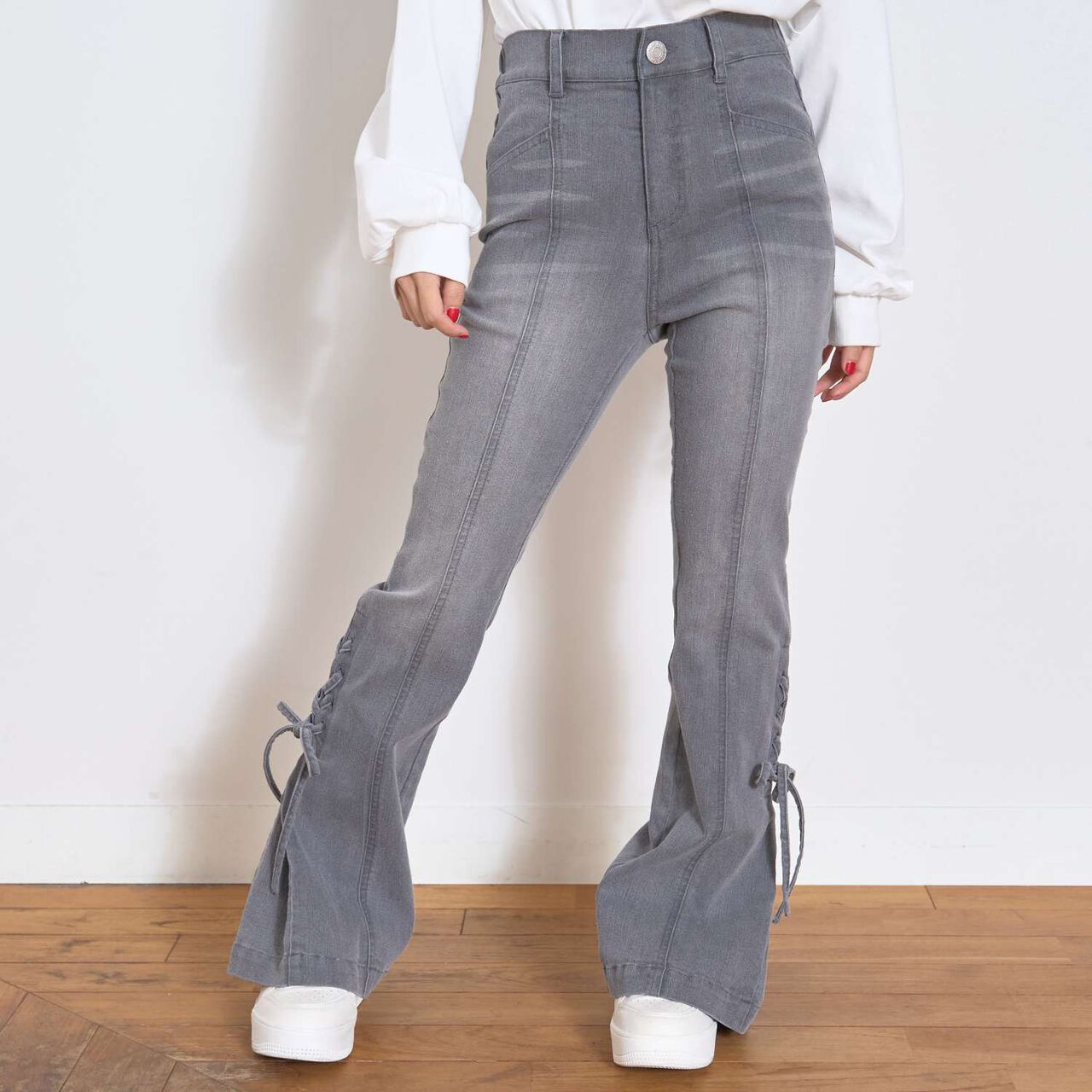 Lace-Up Ribbon Flare Denim Pants,Gray, large image number 2