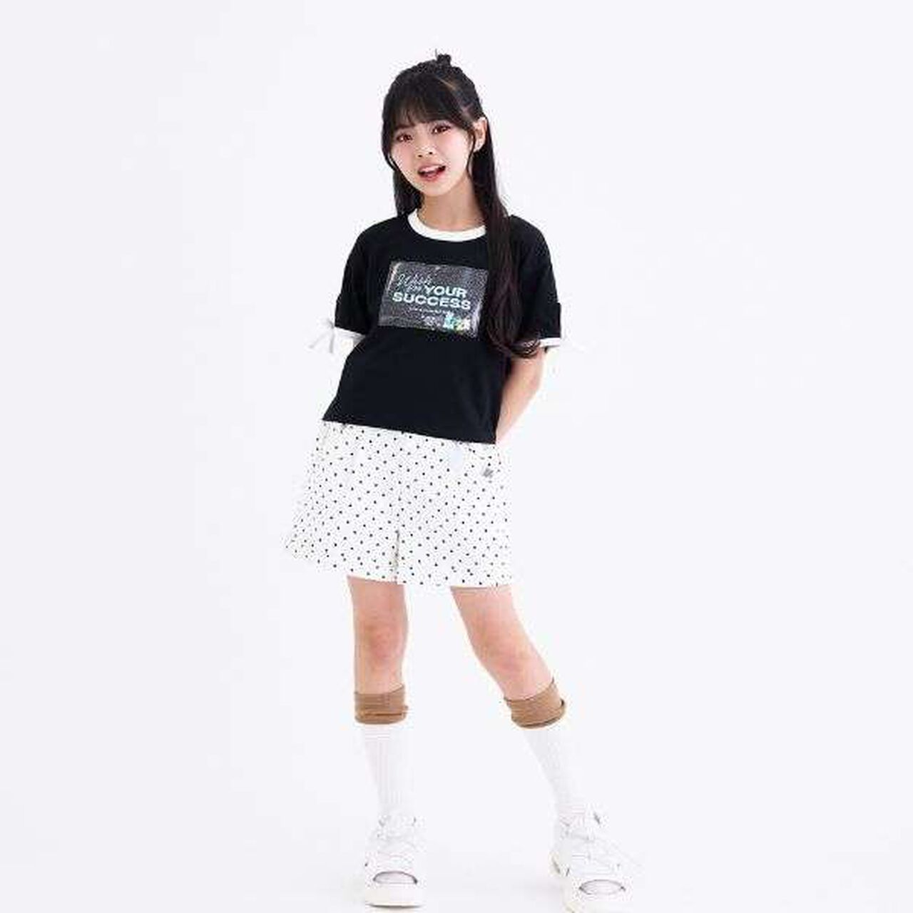 [Cool Touch] Lame Clear Patch Short-Sleeve Ribbon T-Shirt,Black, large image number 1