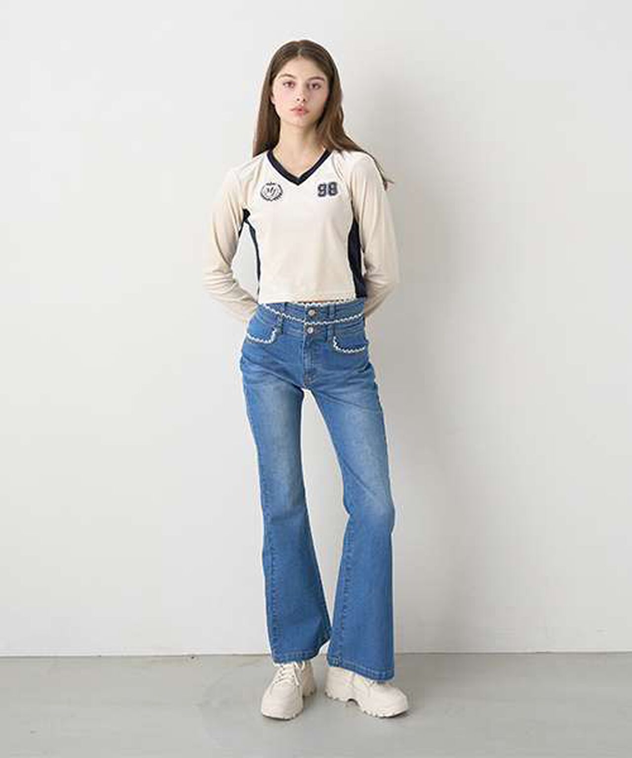 Lace-Trimmed Denim Flare Pants,Light blue, large image number 6