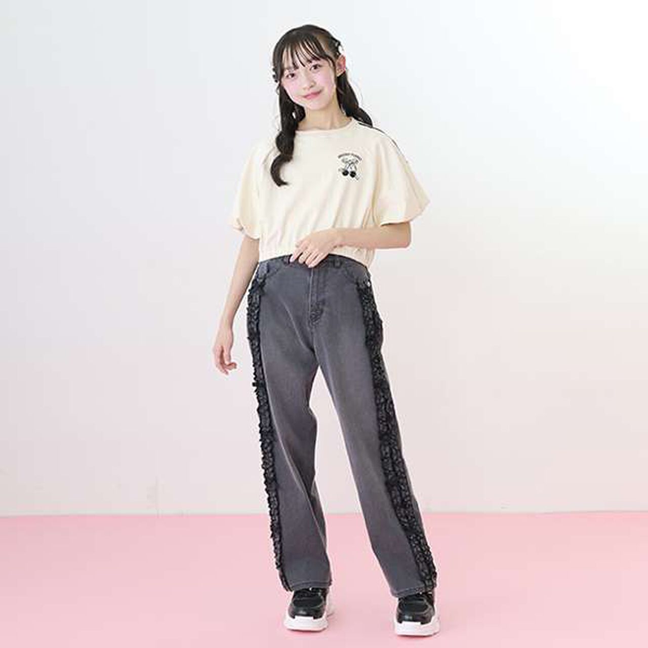 Side Frill Straight Denim Pants,Black, large image number 1