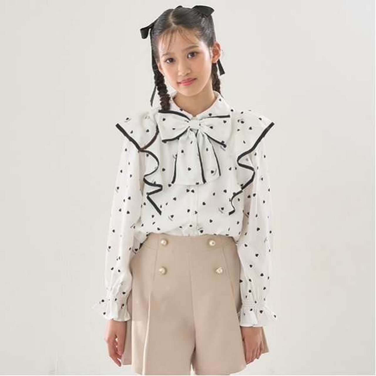 Frill Blouse with Bow Tie and Heart Pattern,Off white, large image number 0