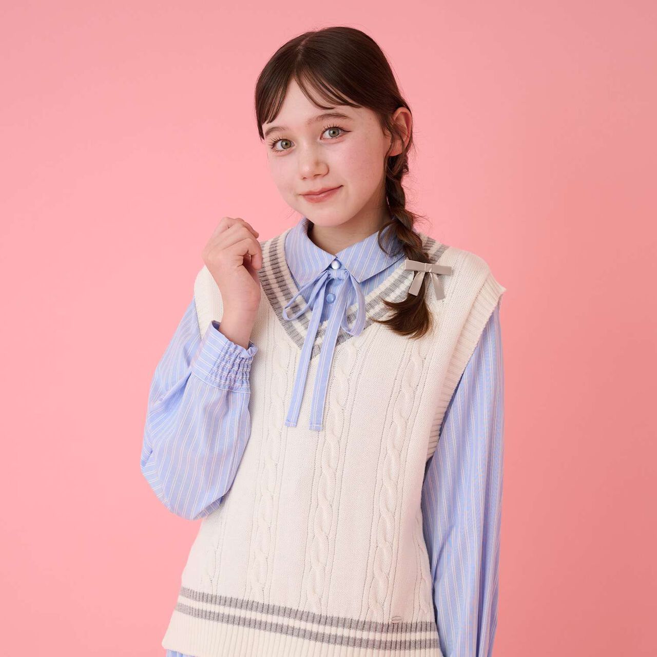 Knit Vest & Shirt Dress Set,Sax blue, large image number 17