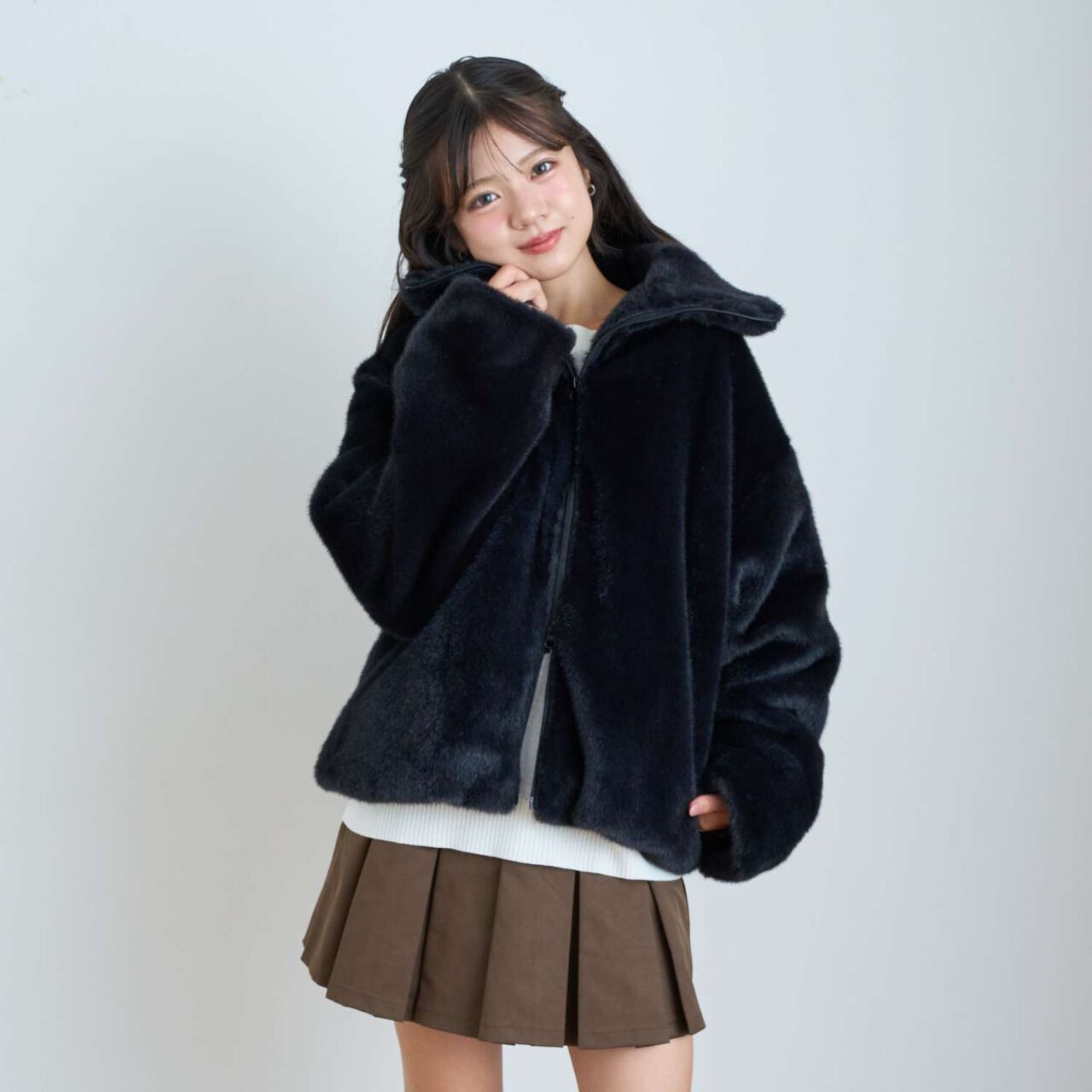 Double Zipper Faux Fur Bomber Jacket,Off white, large image number 9