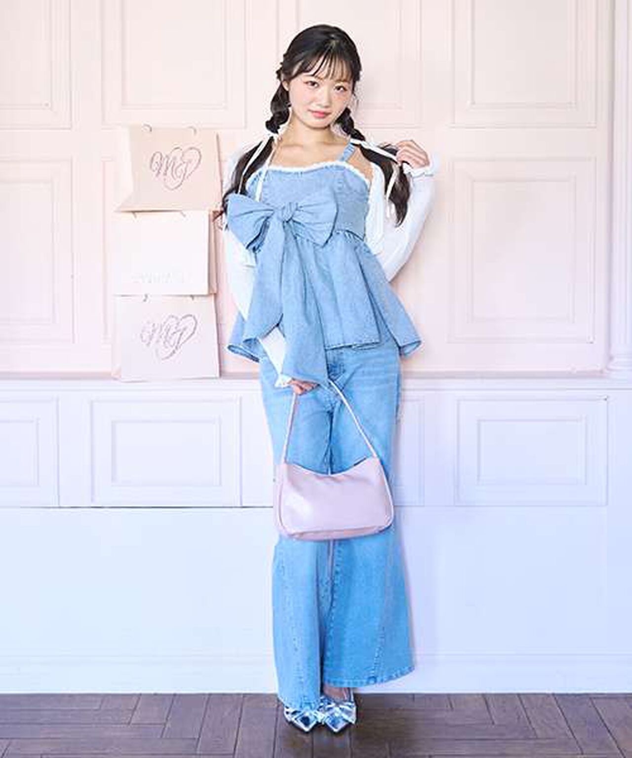 Denim Ribbon Bustier,Deep blue, large image number 3