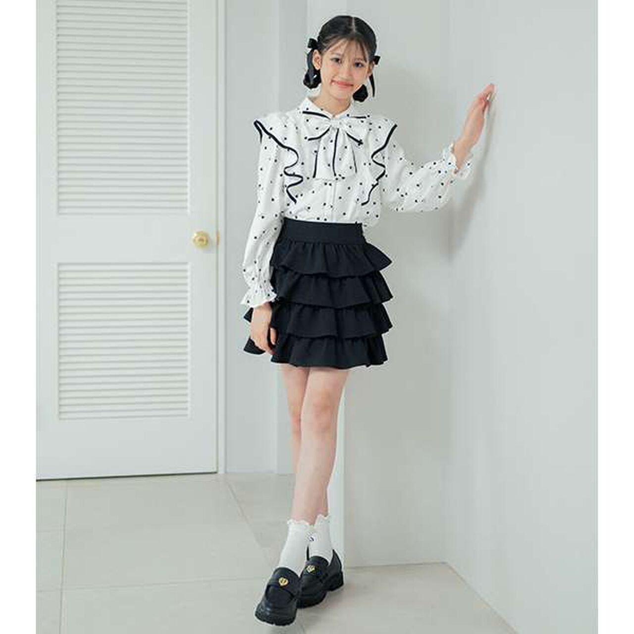 Frill Blouse with Bow Tie and Heart Pattern,Off white, large image number 9