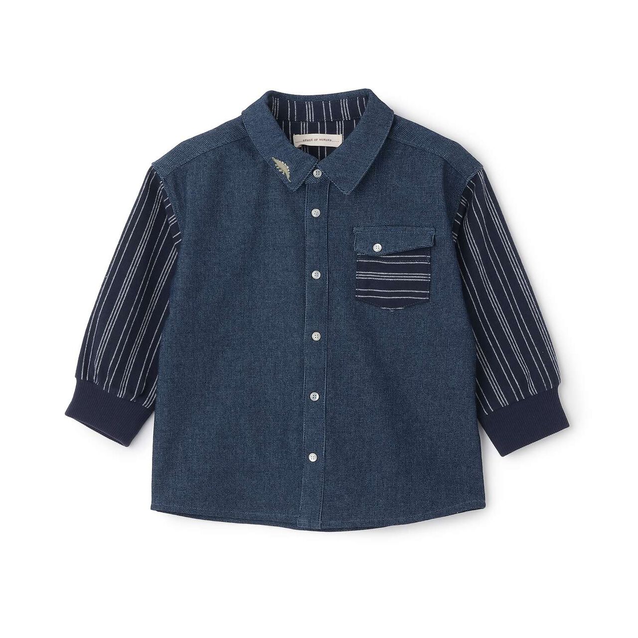 Striped Sleeve Denim Shirt,Navy, large image number 0