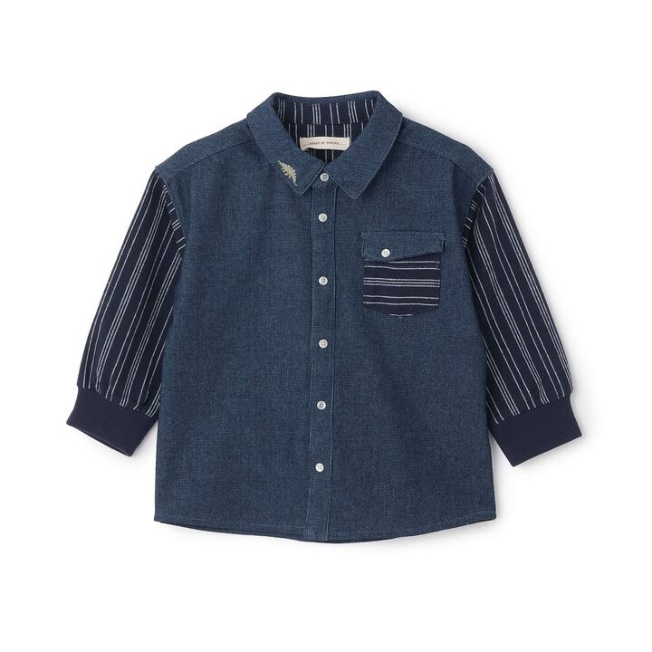 Striped Sleeve Denim Shirt,Navy, medium image number 0