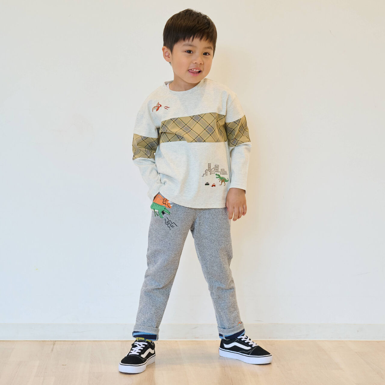 Dinosaur and City Checkered Long-Sleeve T-Shirt,Smoke white, large image number 14