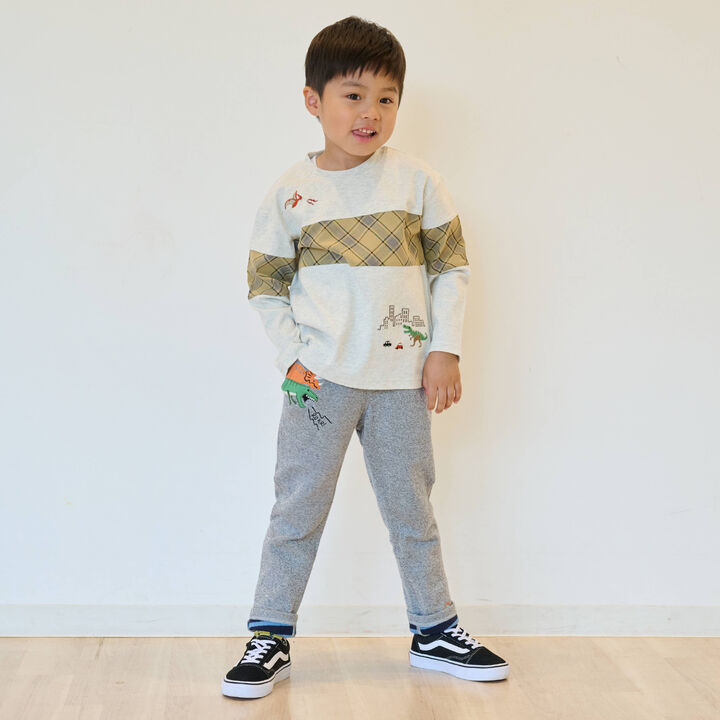 Dinosaur and City Checkered Long-Sleeve T-Shirt,Smoke white, medium image number 14