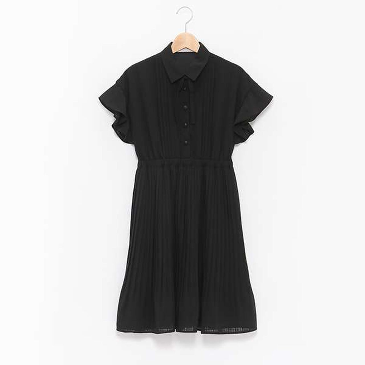 Collared Pleated One-Piece Dress,Black, large image number 0