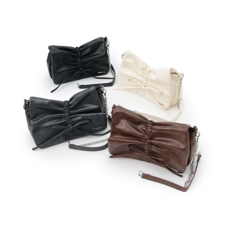 Faux Leather Ribbon Shirred Shoulder Bag,Ivory, medium image number 1