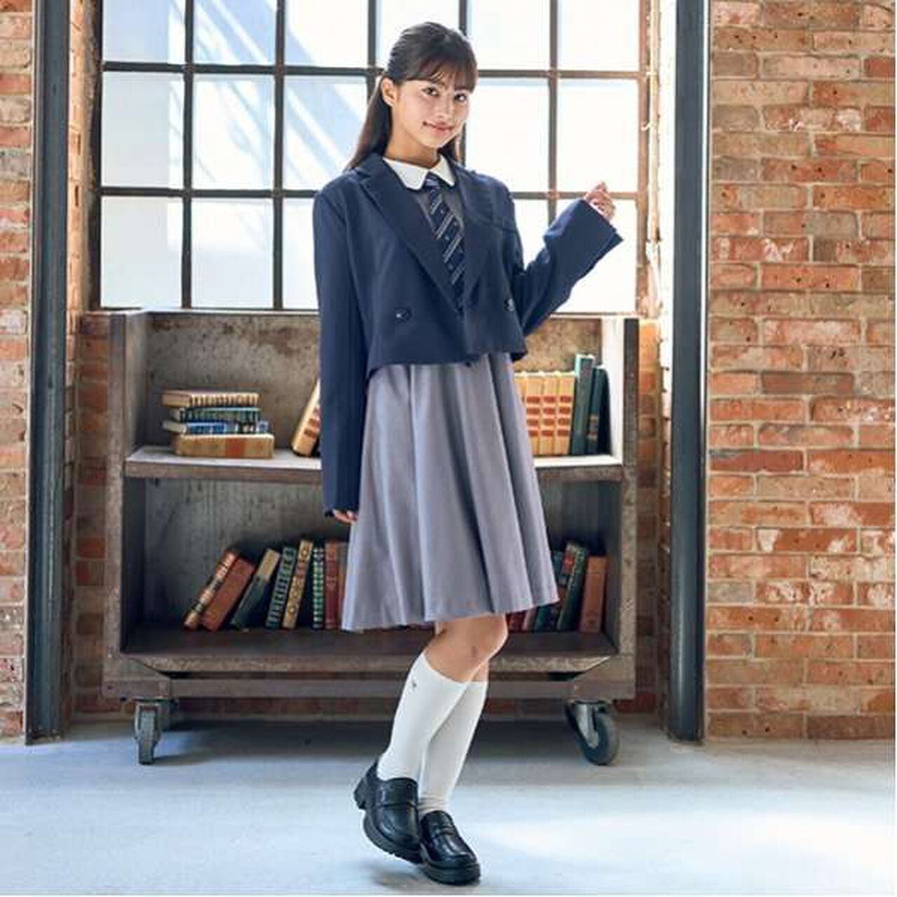 [Graduation Attire] One-Piece Dress with Ribbon Tie,Gray, large image number 1