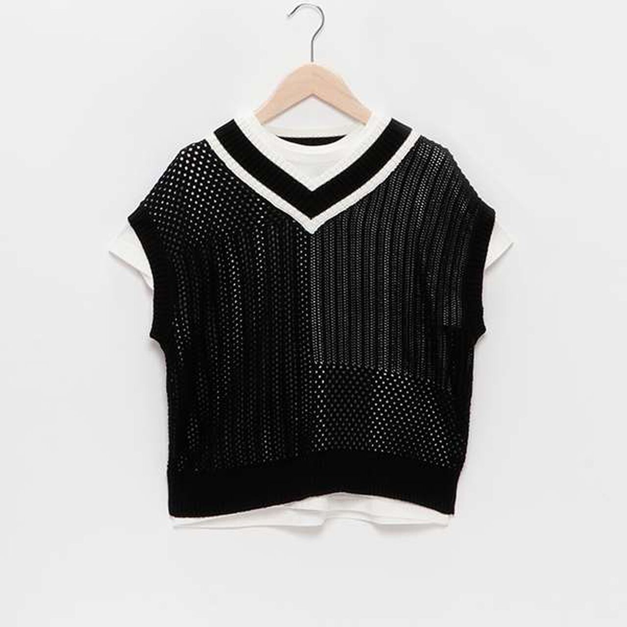 [AMI] Patchwork Knit Mesh Vest Set,Black, large image number 5