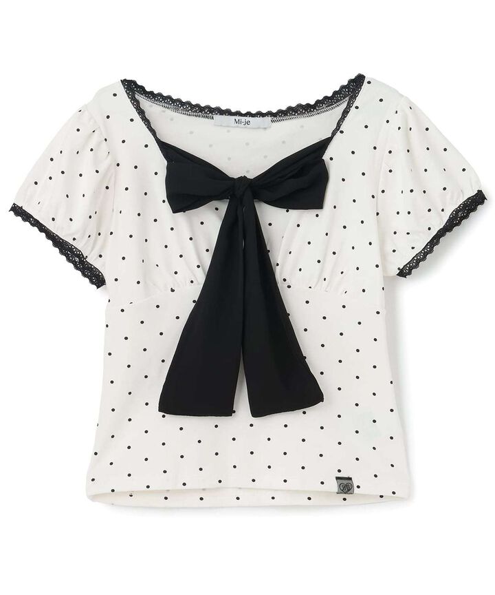 Front Ribbon Polka Dot Short Sleeve T-Shirt,Pink, medium image number 5