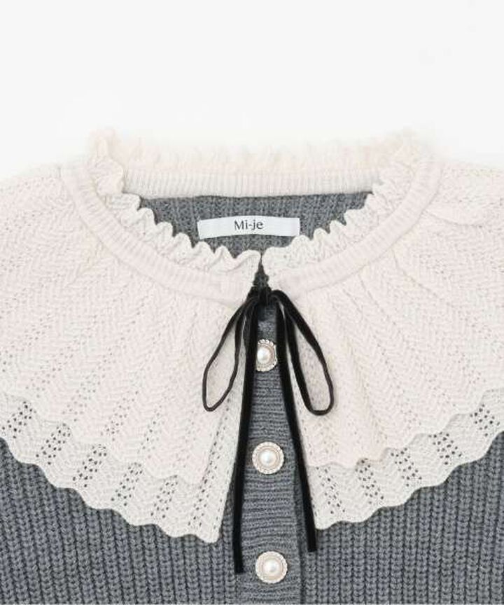 Frill Collar Pearl Button Cardigan [Korean Fashion],Navy, medium image number 7