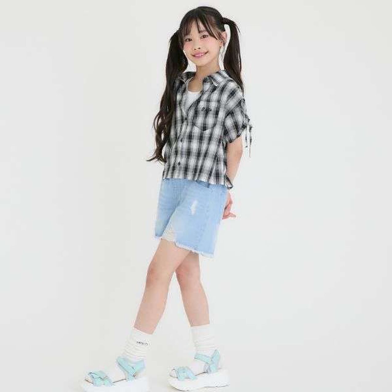 [3WAY] Checkered Shirt with Sleeve Drawstring + Tank Top Set,Black, large image number 17