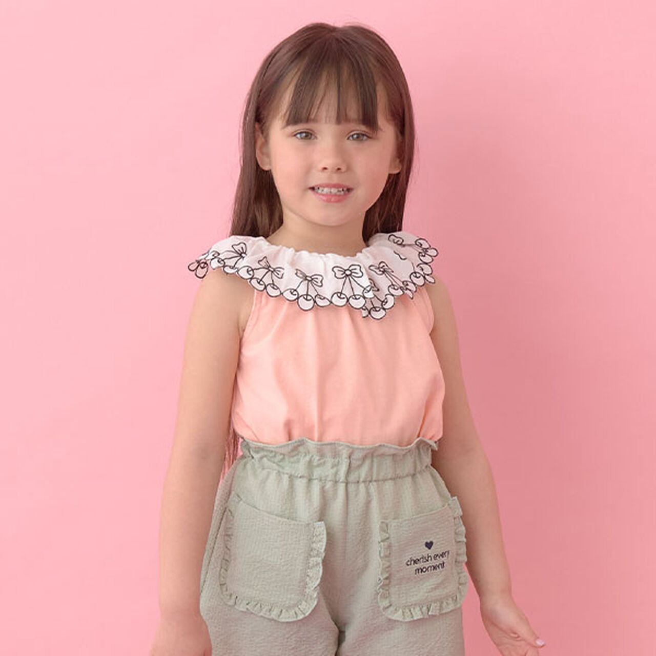 [Soft Cotton] Cherry Lace Collar Top,Light orange, large image number 0