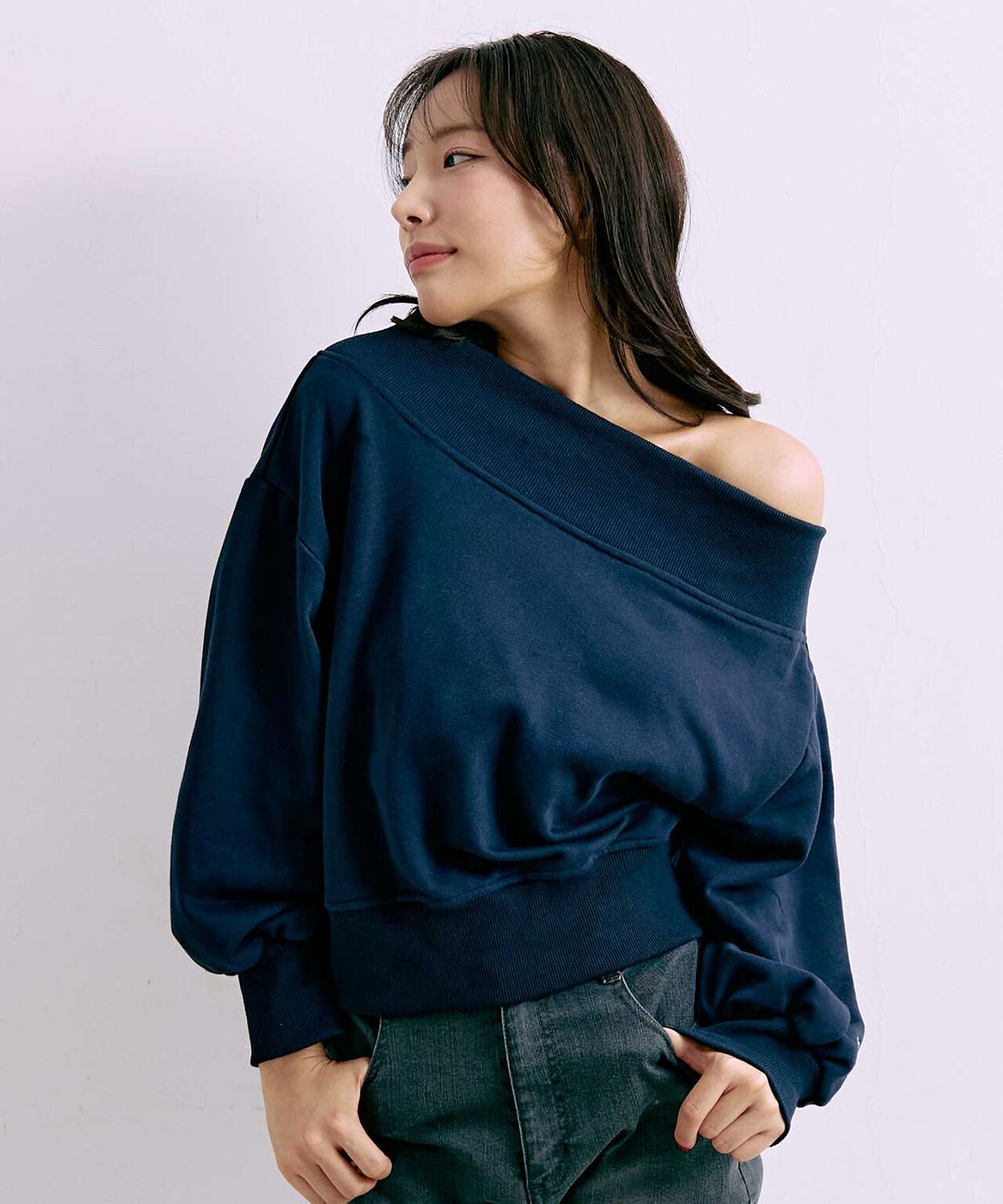 One-Shoulder Logo Sweatshirt,Navy, large image number 0