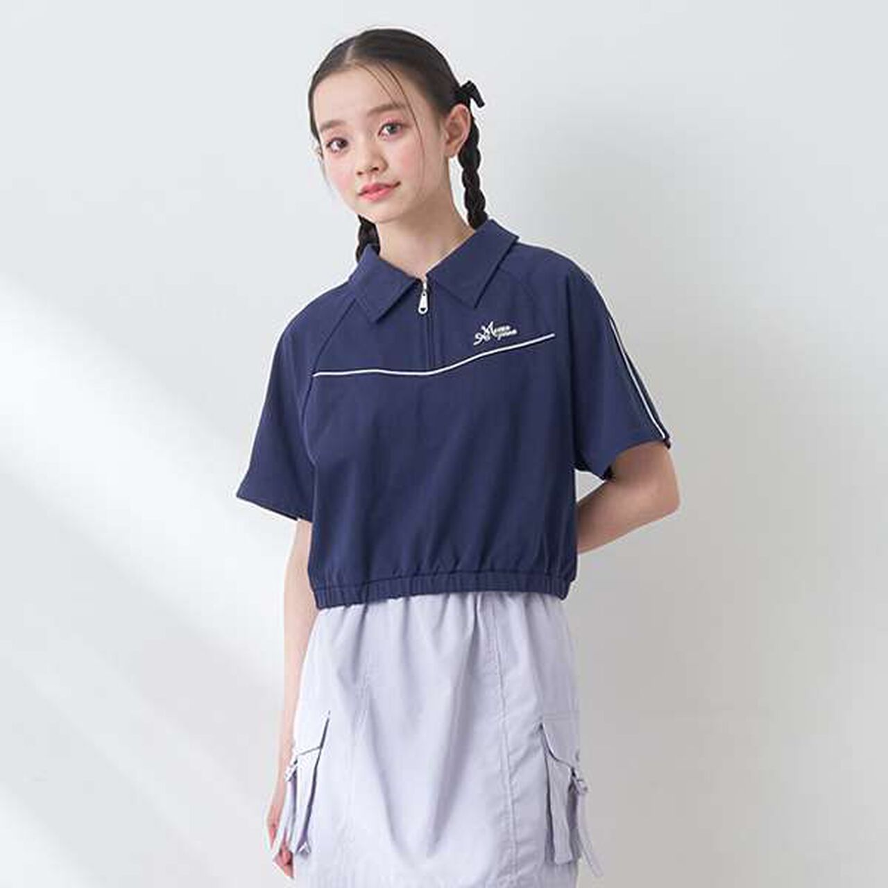 Lame Piping Half-Zip T-Shirt,Navy, large image number 0