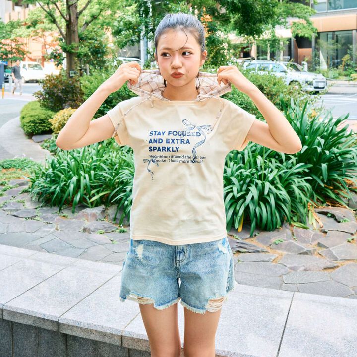 [LTXC/Cotton 100%] Ribbon Illustration Cropped Short-Sleeve T-Shirt in Black,Cream, medium image number 1