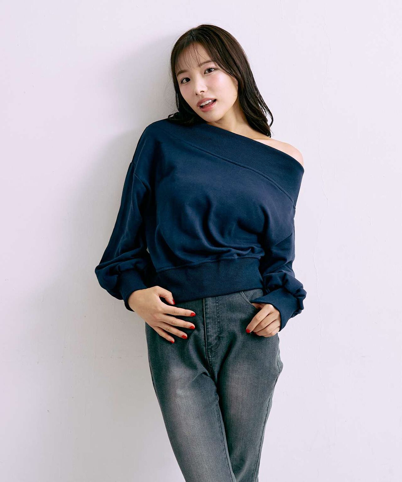 One-Shoulder Logo Sweatshirt,Navy, large image number 3