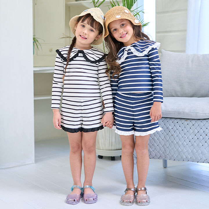 [SWIM] [UV Processing] Assorted Pattern Frill Collar Rash Guard & Pants Set,Navy, medium image number 11